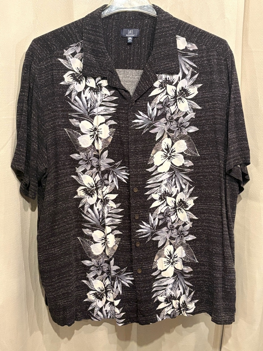 Hawaiian Floral Button-Up Shirt - Black & White by George